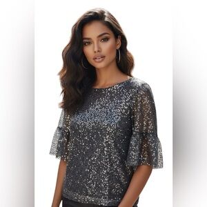 NEW Maeve by Anthropologie Sequined Blouse Top Half Sleeves Party NYE Size XL